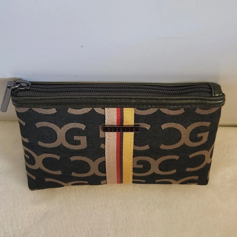 Modella Black Olive Green Logo Striped Cosmetic Bag Pouch